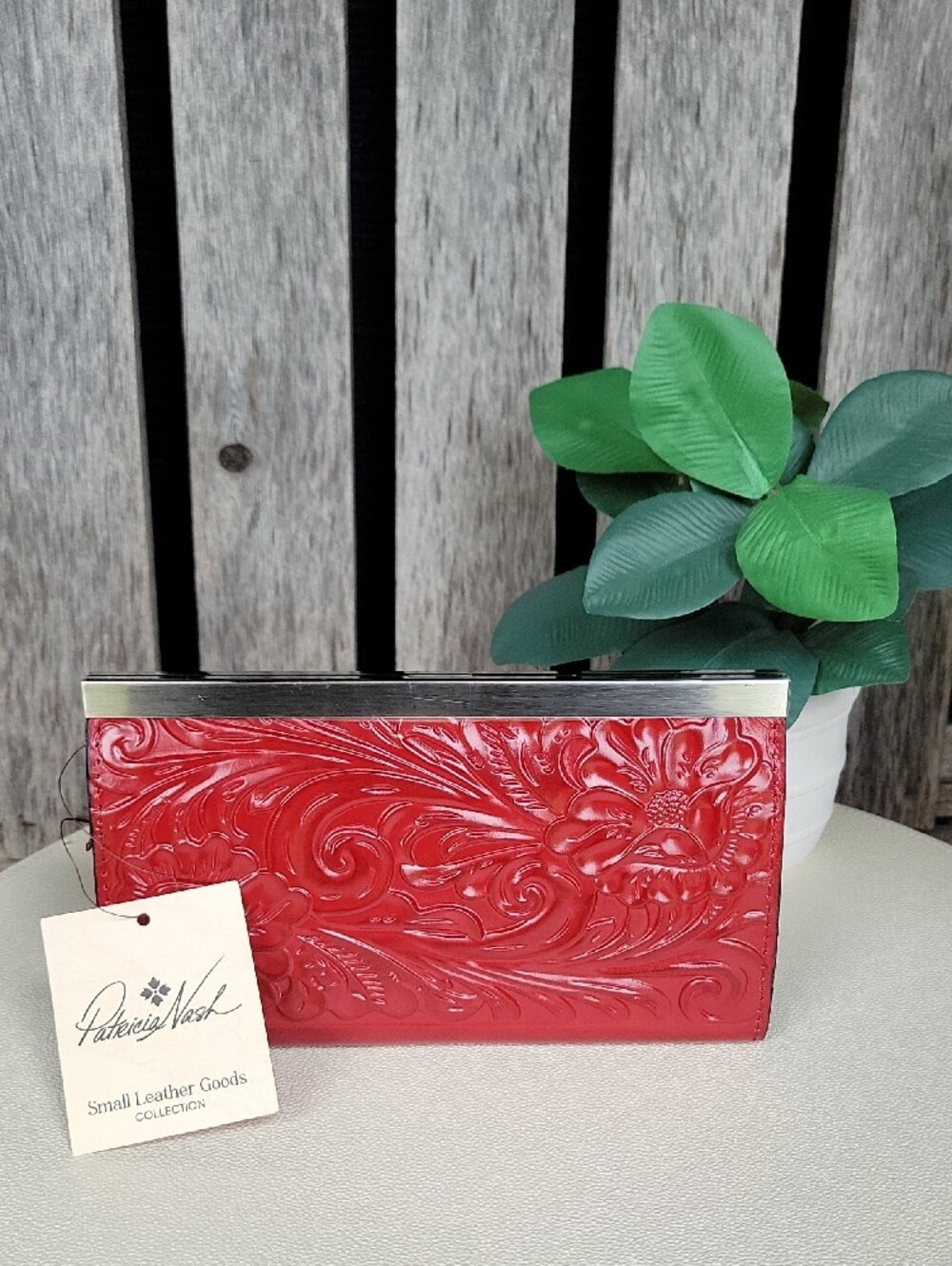 Patricia Nash Red Floral Cauchy Tool Embossed Leather Clutch - Picture 5 of 5